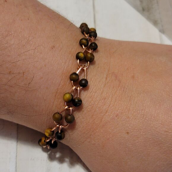 Handmade Copper Horse Shoe Link Tigers Eye Bracelet - Picture 1 of 4